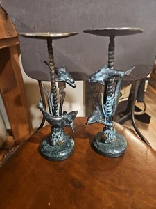 SPI San Pacific International Marble Base Bronze Dolphin Pair Candlesticks - Picture 1 of 11