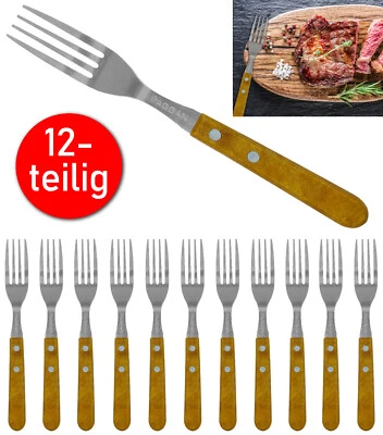 12er Steak Gabel Set Küchengabel Set Pizza Grill Besteck mit Holzgriff  - Bild 1 von 4