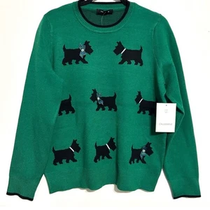 NEW Anthropologie Calligraphie Scottie Dog Stretch Sweater Christmas Green SZ M - Picture 1 of 9