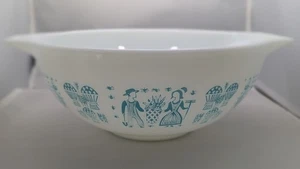 Pyrex Vintage AMISH BUTTERPRINT weiß mit Aqua 444 4 Quart größte Schüssel Griffe EUC! - Bild 1 von 9