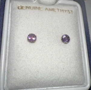 Vintage 14k Yellow Gold Round Amethyst 4mm Post Stud Earrings made in USA - Picture 1 of 7