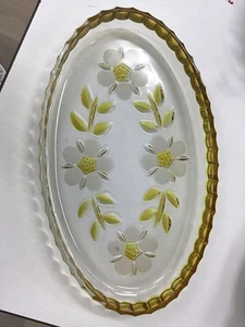 1970's Walther Glass Oval Dish | Yellow & Clear Floral Design - Picture 1 of 5