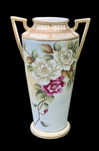 Nippon Hand Painted Vase 2 Handles Gold Moriage Beaded Rose Antique Imperial 12" - Picture 1 of 9