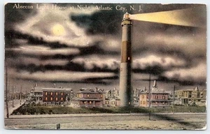 1913 ABSECON LIGHTHOUSE at NIGHT ATLANTIC CITY NJ NEW JERSEY POSTCARD - Picture 1 of 2