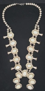Vtg Old Pawn Sterling Silver Mother of Pearl Navajo Squash Blossom Necklace - Picture 1 of 21
