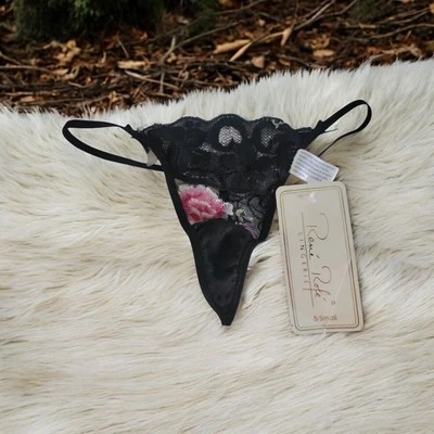 Y2k Sheer Black Floral Mesh Lace Micro Thong Rene Rofe SM - Image 1 of 4