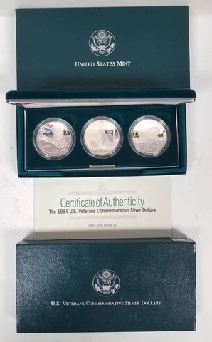 CS0394PVSCiO U.S. MINT COMMEM 3 COIN YEAR 1994-P VETERANS PROOF $s SET TONED OGP Cover