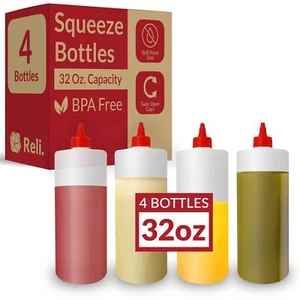4 Pack 32oz Plastic Squeeze Bottles for Ketchup BBQ Sauce Condiments - Picture 1 of 6