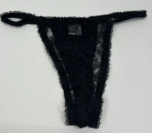 Vintage 90’s Woman’s Thong Panties Sz Small Satin Lace Black Floral - Picture 1 of 6
