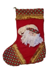 Vtg Santa Face Christmas Stocking 3D Santa Gold Fringe Extra Wide Fringe Trim - Picture 1 of 11