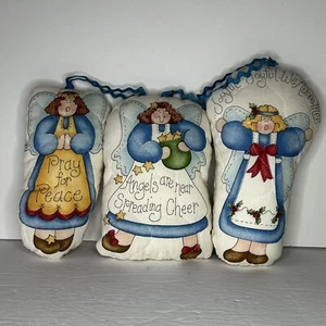 VTG Hand Made Folk Art Quilted Stuffed Angels 3 Ornaments Lot Country Christmas - Picture 1 of 8