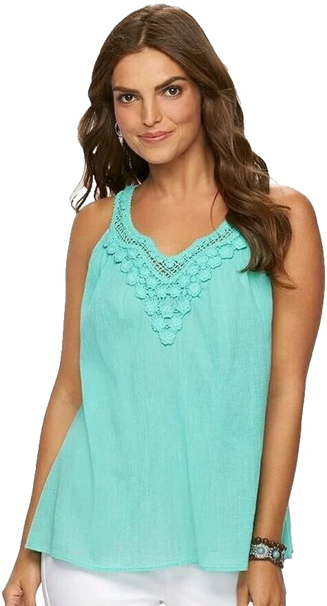 CHAPS BLUE GREEN COTTON GAUZE TOP BLOUSE SIZE L