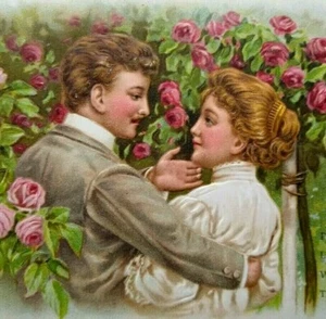 Lovers In Rose Garden Victorian Postcard Series 8090 Germany Embossed 1909 PFB - Picture 1 of 4
