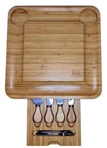 Ela Bamboo Charcuterie Cheese Board and Knife Cutlery Set 13"x13"x1.5" - Picture 1 of 12