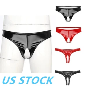 AU Mens Patent Leather Open Crotch Briefs Low Rise Hollow Out Panties Underwear - Picture 1 of 35