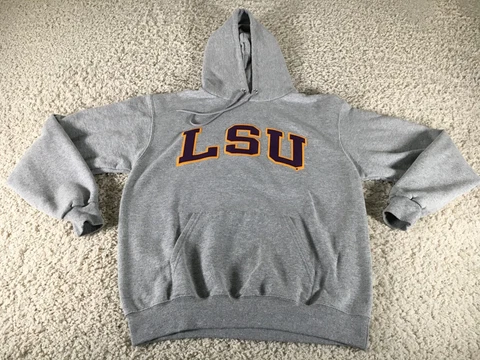 LSU Tigers Sweater Mens Medium Gray Champion Hoodie Football Sweatshirt Logo Cover