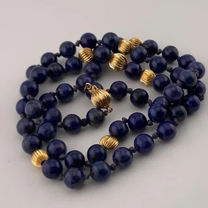 Vtg Lapis 14kt Fluted Gold Beads Necklace Blue 20 Inch Hand Knotted Ball Clasp - Bild 1 von 9