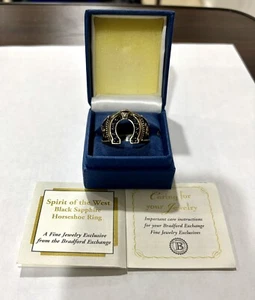 Bradford Exchange Sterling Silver 24 Kt Plate 12 Black Sapphires Horseshoe Ring - Picture 1 of 6