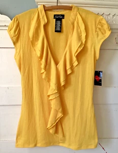 Susie Rose Yellow Retro Puff Cap Sleeve V-Neck Ruffled Juniors X-Large Top NWT - Picture 1 of 3