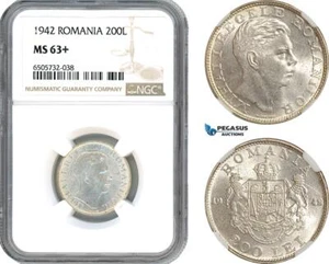 AH763, Romania, Mihai I, 200 Lei 1942, Bucharest Mint, Silver, NGC MS63+ - Picture 1 of 1