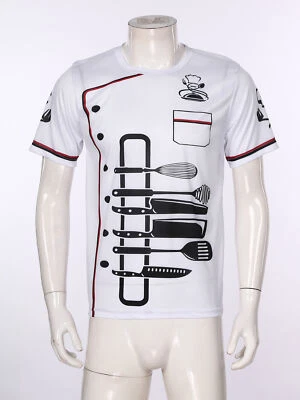 Hombres Camisa de Chef Estampada Manga Corta Camiseta Restaurante Uniforme Cocinero Ropa de Trabajo Foto 1 de 3