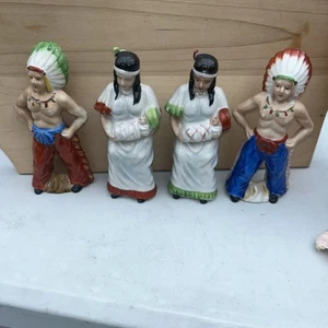 4 Vintage Japan Native American Chief & Squaw With Baby 1940’s Bisque Figurines - Picture 1 of 10