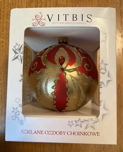 Vitbis Polonia pintado y decorado a mano adorno redondo de vidrio rojo y dorado nuevo en caja - Imagen 1 de 6