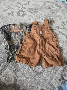Carhartt Baby 12 Months Brown Shortalls Overalls Tool Novelty Print EUC Bibs - Picture 1 of 6