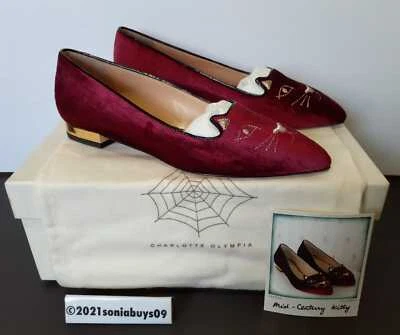Charlotte Olympia Women's Mid-Century Kitty Velvet Pointy Flat, Burgundy, 37 - Image 1 of 4