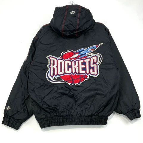 Vintage Houston Rockets Logo Athletic Full Zip Hooded Puffer Jacket Large Nba Cover