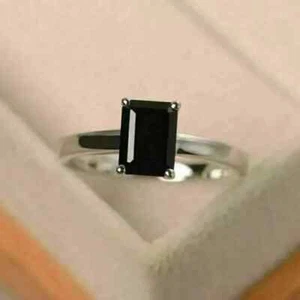 2Ct Emerald Cut Black Diamond Engagement Lab-Created Ring 14K White Gold Plated - Picture 1 of 6