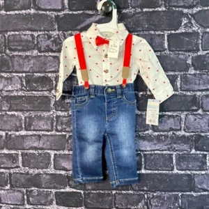 Cat & Jack 0-3M Heart Suspender Jeans Shirt Bow Tie 4Pc Valentine's Day Set - Picture 1 of 13