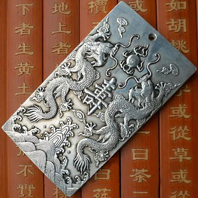 Old Chinese Tibet Silver Dragon Lucky Bullion Thanka Amulet Pendant Collect Gift • 7.99£