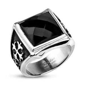 Grande Anello Uomo Acciaio Massiccio e Pietra Carre Onice Nero Croce Royal Chic - Bild 1 von 1