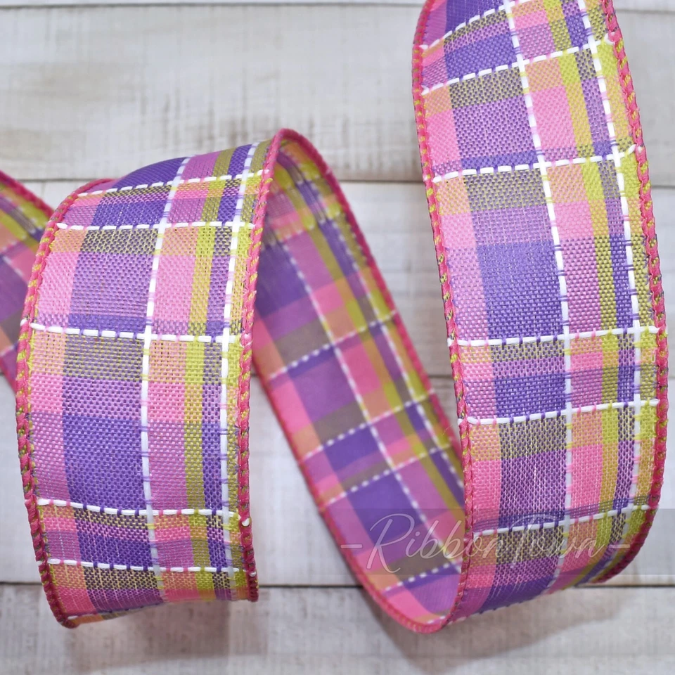 Cinta con cable a cuadros rosa púrpura verde blanco 1,5" de ancho x 5 yardas Foto 1 de 1