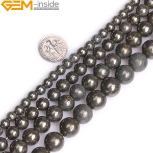15" Natural Gray Pyrite Round Beads - Big Hole Loose Stone Jewellery Craft - Picture 1 of 34
