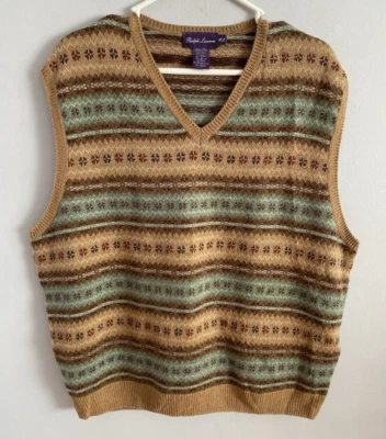 Ralph Lauren Purple Label Fair Isle Knit Sweater Vest Tan Green Men's Size XL - Image 1 of 4