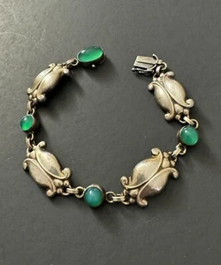Vintage GEORG JENSEN Sterling Bracelet with Green Agate # 11/Signed - Picture 1 of 5