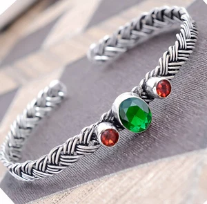 925 Sterling Silver Chrome Diopside, Garnet Cut Gemstone Jewelry Cuff Bracelet - Picture 1 of 6