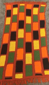 Lap Blanket Granny Square Afghan Throw Orange Crocheted Block VTG Retro w Fringe - Picture 1 of 7