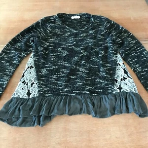 A'reve Sweater Top Women L Gray Floral Ruffle Hem Long Sleeve Stretch Hippie - Picture 1 of 11