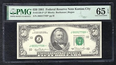 FR. 2120-J* 1981 $50 *STAR* FRN KANSAS CITY, MO PMG GEM UNCIRCULATED-65EPQ (C) - Image 1 of 2
