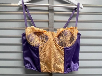 URBAN OUTFITTERS Corset Bodice Size Large Purple Satin Peach Lace Adjustable Top - Image 1 of 4