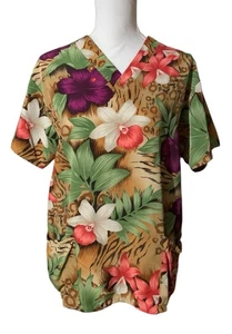 Silky Scrubs Microfiber Medical Floral Tropical Top Thin Soft Sz Small Brown - Picture 1 of 7