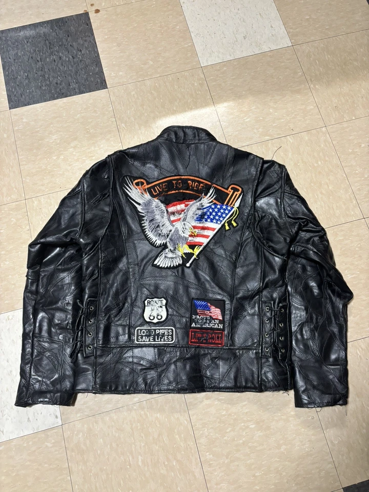CHAQUETA MOTOCICLISTA CUERO BÚFALO PLACA DIAMANTE CON PARCHES TALLA L Foto 1 de 4