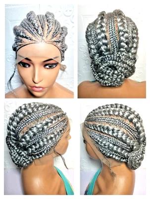 Peruca trançada coque cinza Gana tranças de cornrow renda completa com cabelo de bebê - Imagem 1 de 4