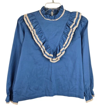 Top De Colección Rhapsody by Glazier Talla L Azul Cuello Alto Manga Larga V Volantes Pradera Foto 1 de 4