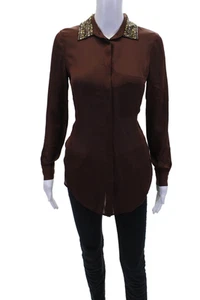 Haute Hippie Womens Silk Crystal Embellished Button Down Blouse Brown Size XS - Picture 1 of 6