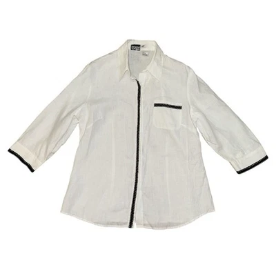 Richard Malcolm Lino Irlandés Blanco Negro Ribete Botón Abajo Mujer’s Talla Grande Foto 1 de 4