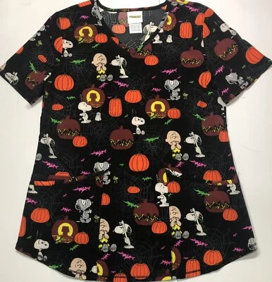 Womens Snoopy Halloween Scrub Top Peanuts Charlie Brown Spooky Medical Shirt 3XL - Image 1 of 4
